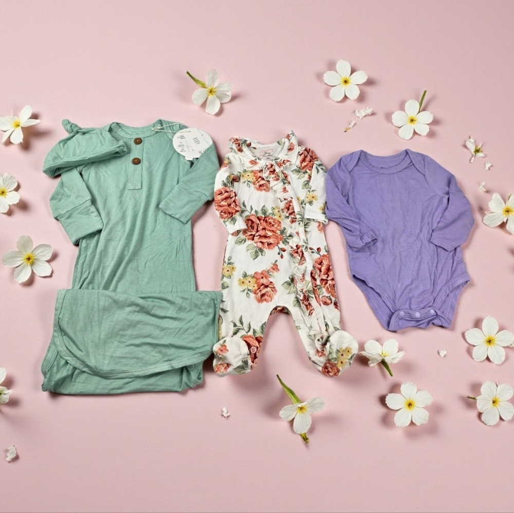 NWT & NWOT Set Of 3 Bamboo Bodysuit, Romper & Sleep Sack NB 0-3 Months